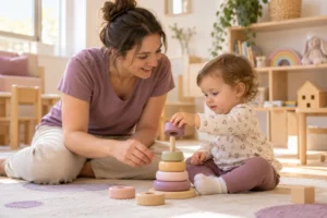 Professionnelle de la petite enfance accompagnant un jeune enfant dans un jeu d’empilement en crèche