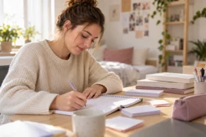 Étudiante travaillant le vocabulaire et ses fiches de révision pour la formation auxiliaire de puériculture