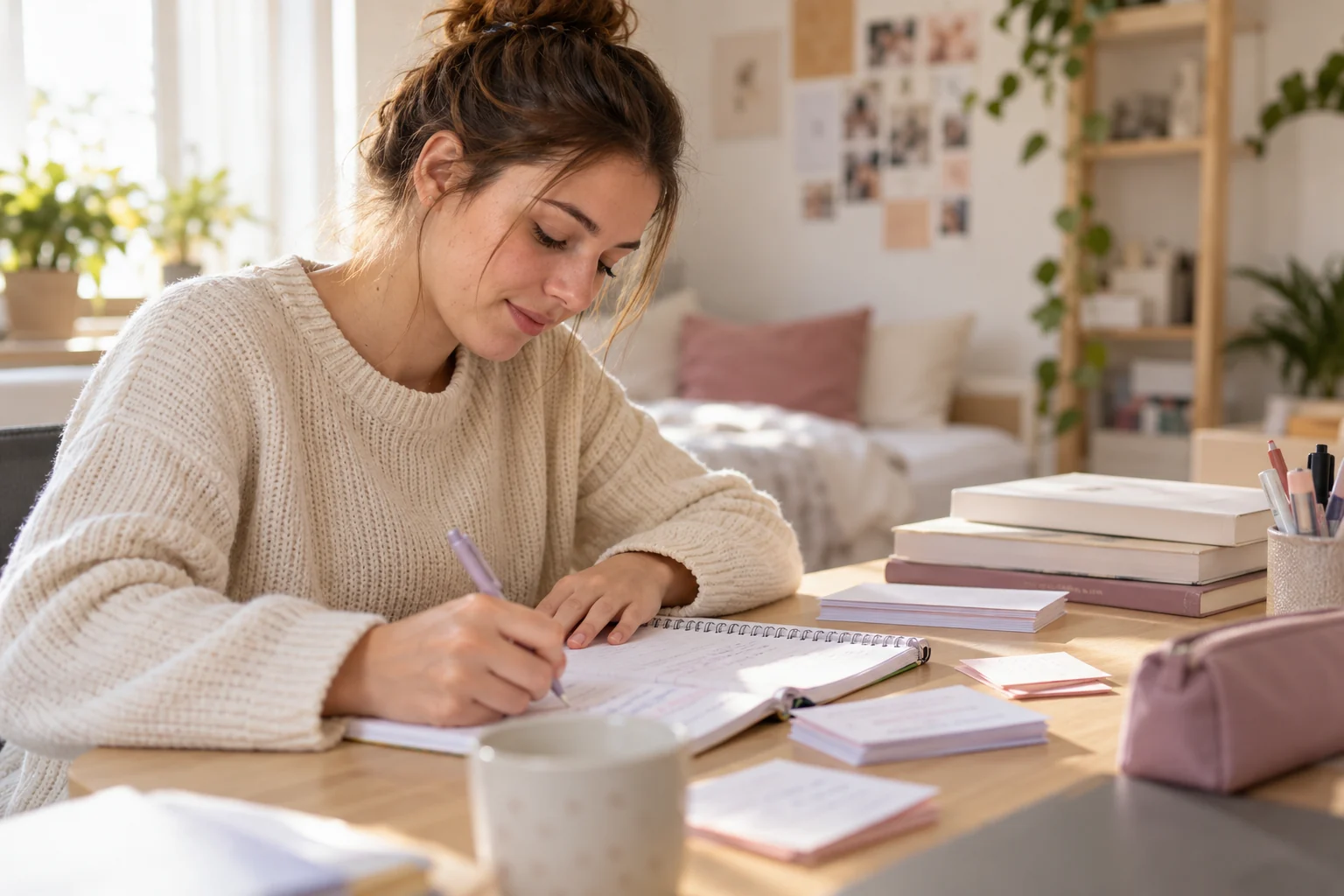Étudiante travaillant le vocabulaire et ses fiches de révision pour la formation auxiliaire de puériculture